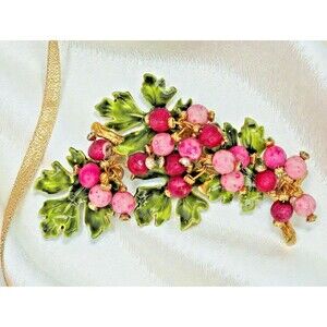 Vendome Berries Brooch Vtg RARE Vibrant Enamel Crystal Pink Elegant Estate Pin